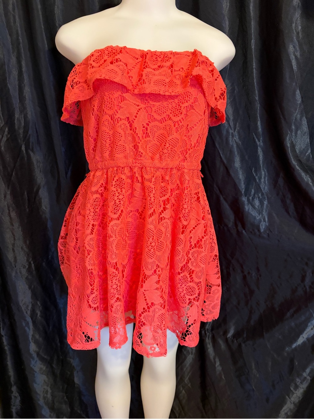 American Rag Coral-Orange Strapless Lace Ruffle Dress